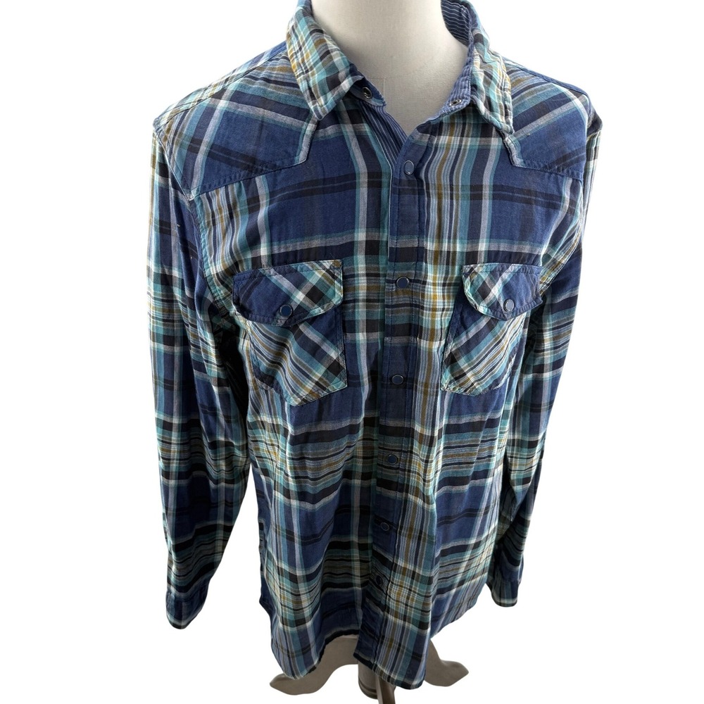 Guess Los Angeles Plaid Western Snap Long Sleeve Shirt Vintage Mens XLarge